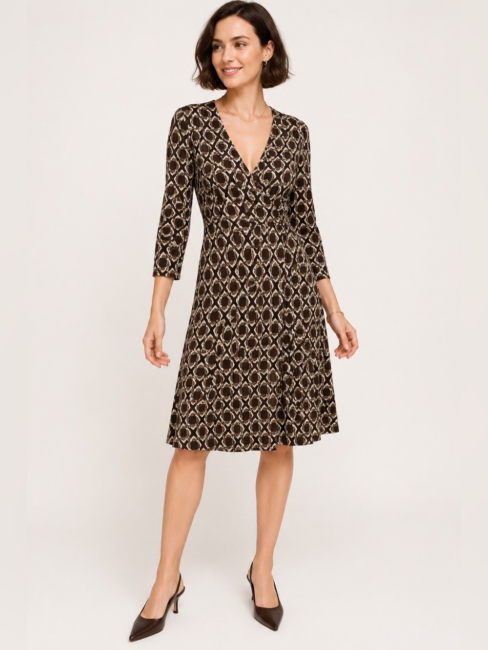 Banana Republic Y2K Silk Blend Geometric Wrap Dress XS Brown Midi